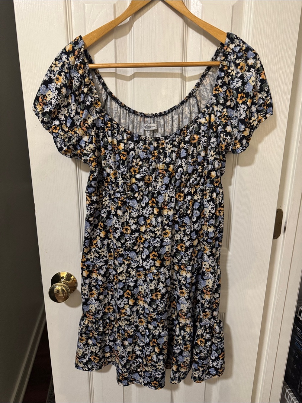 Hollister Black Floral Scoop-Neck Mini Dress with Blue and Yellow Flowers